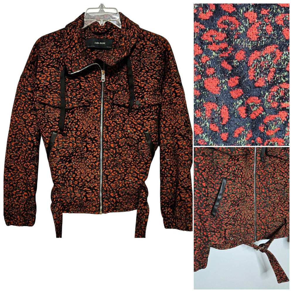 Zara Basic Red Black Metallic Leopard Jacquard Jacket Moto Bomber Size XS
